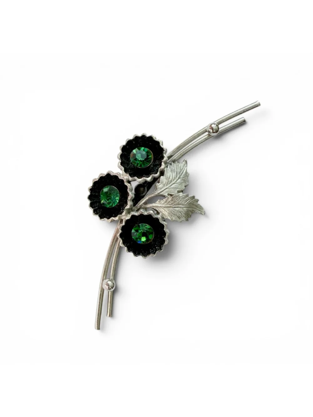 Vintage Green Rhinestone Flower Brooch Silver Tone Floral Spray Pin Black Enamel - Picture 6 of 8